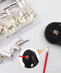 Top Notch 170 Piece Silver Plated Copper Wire Ferrules Kit With 8 AWG Sizes For Crimping Terminals To Stop Wire Fraying And Secure Loose Connections Perfect For Auto And Home Electrical Fixes. silver ferrules in organizer with crimp tool and red wire