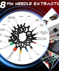 18 piece pin needle extractor set for automotive wiring with various sized extractors displayed in circle on blue background