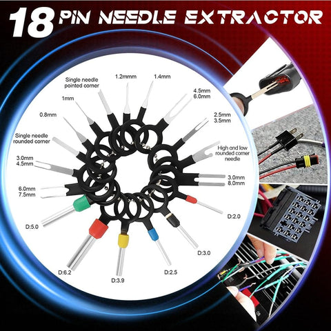 18 piece pin needle extractor set for automotive wiring with various sized extractors displayed in circle on blue background