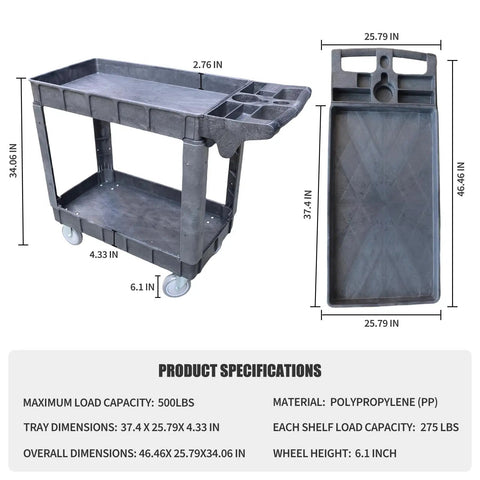 Heavy Duty Plastic Utility Cart With Dual Shelves Bearing Five Hundred Pounds Swishes Through Doorways On Four Silent Casters With Two Flex Swivel Wheels Making Warehouse Tasks A Total Breeze