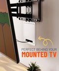 Mounted TV showing 9 Inch In Wall TV Media Box With Hidden Cable Management and Recessed Outlet in use behind TV setup.