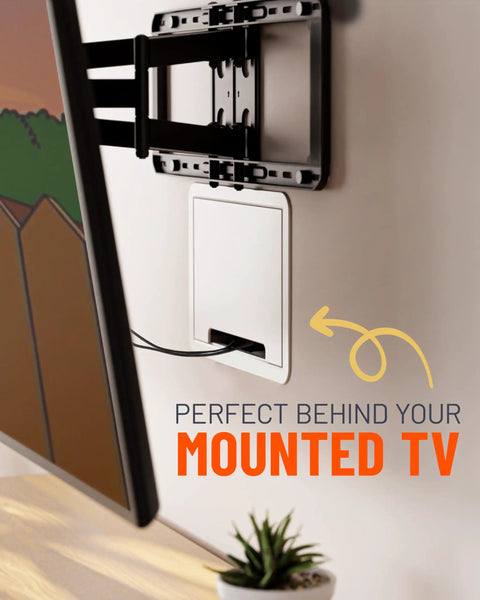 Mounted TV showing 9 Inch In Wall TV Media Box With Hidden Cable Management and Recessed Outlet in use behind TV setup.