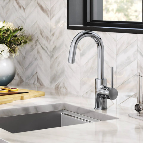 Oletto Single Handle Kitchen Bar Faucet in Chrome Finish, 12 1/4 Inch Height, installed in modern kitchen setting.