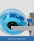 Slick Semi Automatic Label Applicator For Round Bottles With Built In Printer and Self Adhesive Coding System For Quick Turnaround and No Sweat Operation On Any Desktop, showing adjustable paper tray with label spool.
