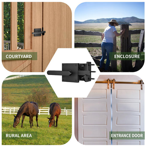 Beefy Double Sided Gate Latch For Outdoor Fences and Wood Gates with Dual Handles shown in various settings and applications
