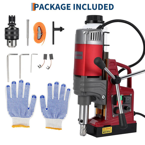 Heavy Duty Magnetic Drill Press With Coring Bits, Variable Speed, and Portable Kit components, including gloves, drill, and accessories.