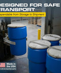 Blue 14 Gallon Plastic Drum for Hazardous Materials Storage and Spill Response DOT Compliant Open Head Drum with removable lid on forklift