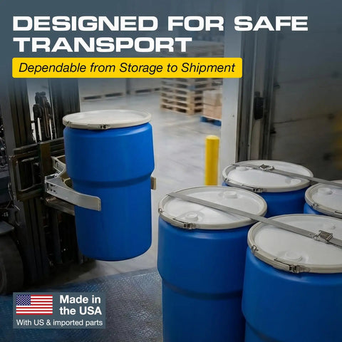 Blue 14 Gallon Plastic Drum for Hazardous Materials Storage and Spill Response DOT Compliant Open Head Drum with removable lid on forklift