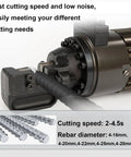 Etsuosy Portable Hydraulic Rebar Cutter showing hydraulic mechanism and steel rod, cuts rods 4-28 mm quickly.