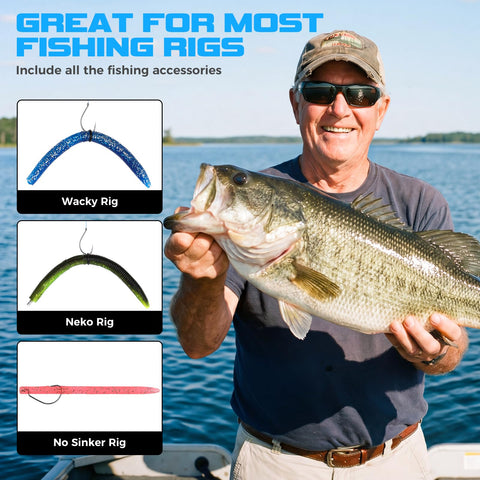Angler holding bass fish with All In One Bass Fishing Lures Kit With 32 Premium Five And A Half Inch Soft Plastic Worms Wacky Rig Gear