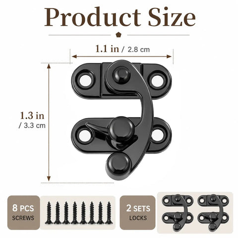 Image showing Small Swing Arm Latch Sets For Wooden Boxes And Jewelry Boxes Metal Clasp With Mounting Screws; size and screws included.