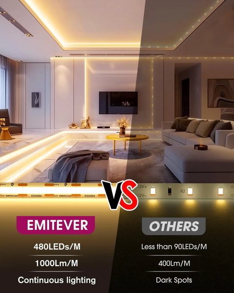 Comparison of Warm White COB LED Strip Lights 32.8ft 3000K 24V Dimmable Tape Light High Density Vs Others in a lit room.