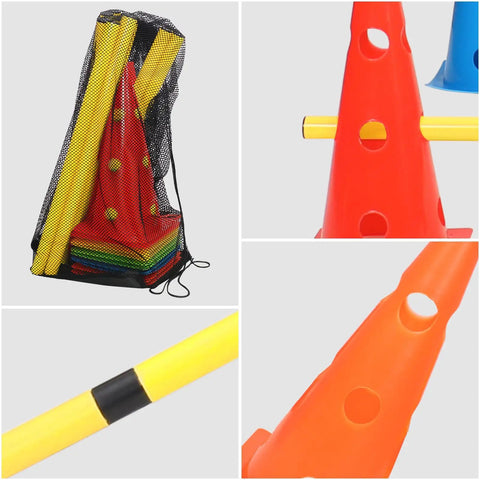 Dog Agility Training Set With 10 Cones And 5 Poles For Backyard Obstacle Course, mesh bag with multicolor cones and yellow poles