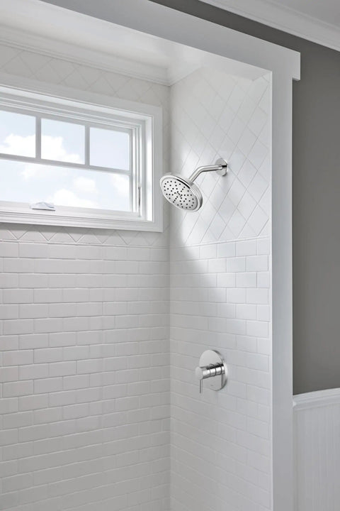 Align Chrome Posi-Temp Shower Trim Kit With Pressure Balance in modern bathroom, without showerhead, high-gloss finish
