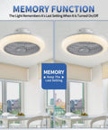 Enclosed 18 Inch Ceiling Fan With Lights Remote, showing memory function in a bright room with large windows.