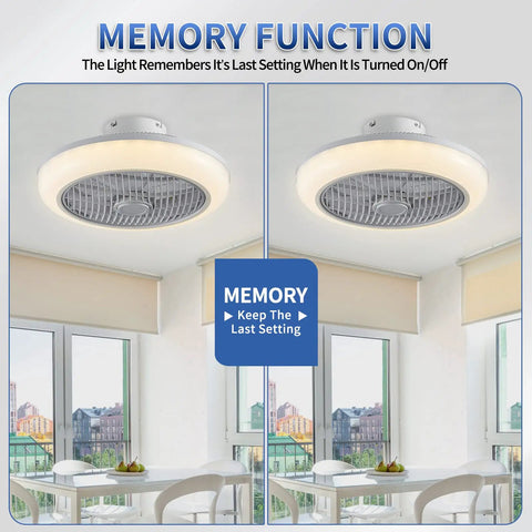 Enclosed 18 Inch Ceiling Fan With Lights Remote, showing memory function in a bright room with large windows.