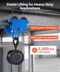One Ton Manual Trolley With Dual Wheel Push Beam For I Beam And H Beam Adjustable Width Two Point Four To Seven Inches Beefy Workhorse Heavy Duty Carbon Steel Garage Hoist For Straight And Curved I Beams in blue showing 2200 lbs capacity