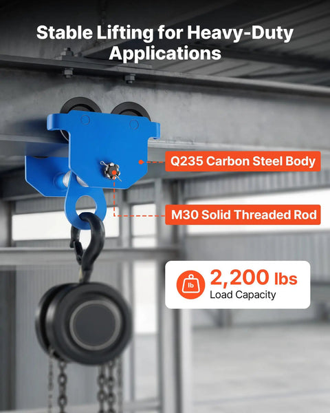 One Ton Manual Trolley With Dual Wheel Push Beam For I Beam And H Beam Adjustable Width Two Point Four To Seven Inches Beefy Workhorse Heavy Duty Carbon Steel Garage Hoist For Straight And Curved I Beams in blue showing 2200 lbs capacity