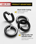 Three Eighths Inch Split Lock Washer Set, 50 Pack, Black Oxide 304 Stainless Steel Spring Lock Washers on white background