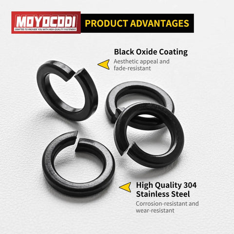 Three Eighths Inch Split Lock Washer Set, 50 Pack, Black Oxide 304 Stainless Steel Spring Lock Washers on white background