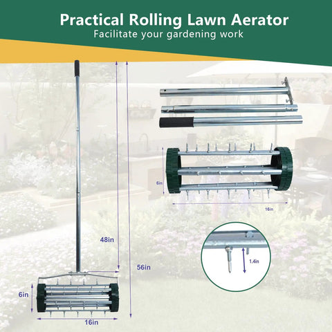 Rolling Lawn Aerator With 1.4 Inch Spikes, Rotary Push Tine Spike Soil Aerator, 3 Piece Long Steel Handle Garden Yard Tool.