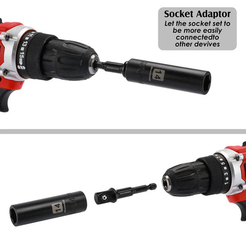 Power drill with socket adaptor from 1/2 Inch Drive Deep Impact Socket Set Built Tough With CR-V Steel For Heavy Duty Use.
