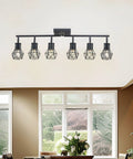 Black 6 Light Farmhouse Track Lighting Fixture With Metal Cage Design For Ceiling Mount In Kitchen Living Room shown installed