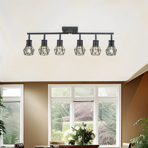 Black 6 Light Farmhouse Track Lighting Fixture With Metal Cage Design For Ceiling Mount In Kitchen Living Room shown installed