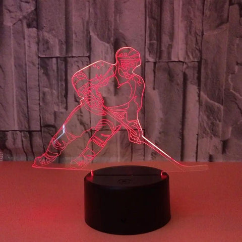 3D Hockey Night Light Player Lamp With 7 Color Changing LEDs on acrylic panel illuminating red with touch control base