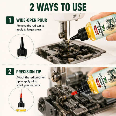 2 Oz Sewing Machine Oil Kit With Precision Applicator, Cleaning Brush, And Cloth For Smooth, Quiet Lubrication That Works Like A Charm In Home Sewing, Craft Rooms, And Studio Spaces. Oil kit with wide-open pour and precision tip on sewing machine