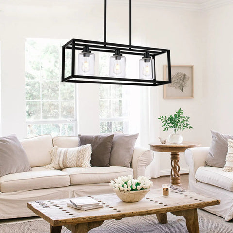 3 Light Linear Kitchen Island Chandelier Dope Matte Black With Rectangular Clear Glass Shades For Dining Room