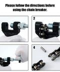 DYC 420 motorcycle chain breaker tool with 420 chain and links shown in four-step panels