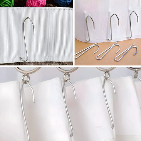 50 Pack Heavy Duty Stainless Steel Pinch Pleat Curtain Hooks 2.68 Inch Drapery Hooks on white pleated curtains