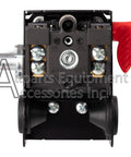 Front view of 4 Port Pressure Switch For Air Compressors 120-150 PSI 1 Pole 120-240V, featuring connection points and red lever.