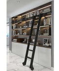 Black Sliding Ladder Door Kit with Retractable Track shown in a modern living room with an aluminum ladder and full track system.
