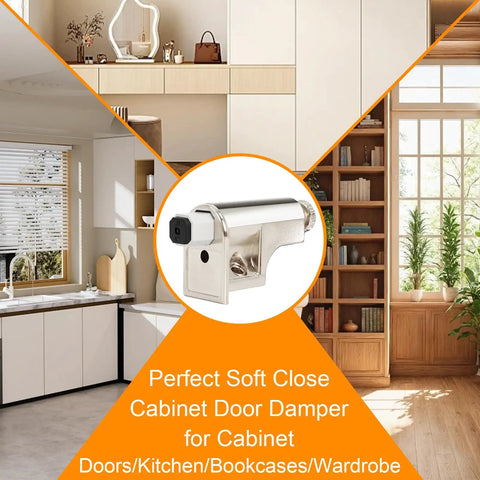 Twenty Five Pack Soft Close Cabinet Door Dampers Featuring Adjustable Slow Close Buffer Mechanism Solid Abs Construction Polished Nickel Finish For Kitchen Organizing Zero Slam Doors Silent Glide Smooth Operation Total Home Upgrade Pick in a modern kitchen setting.