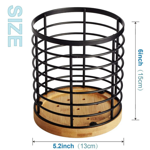 Large Round Utensil Holder With Wooden Base Matte Black Countertop Organizer For Spatulas, Spoons, Whisks And More Durable Metal And Bamboo Kitchen Caddy, showing size dimensions.