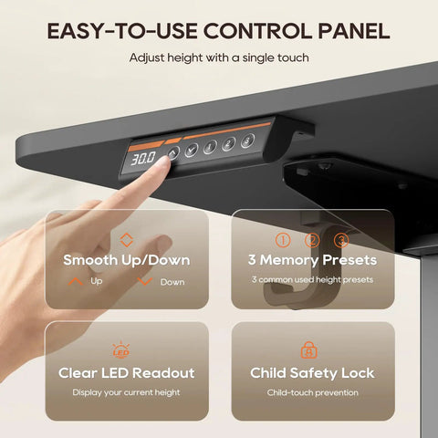 MALOL 56 Inch Electric Standing Desk With Adjustable Footrest Black height adjustable control panel showing digital display features.