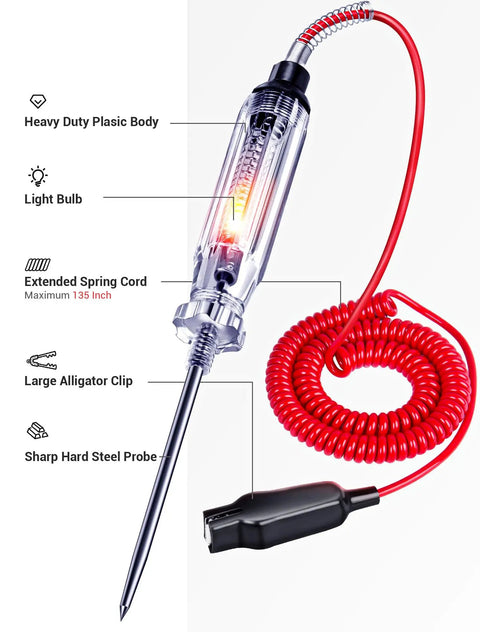 Beefy Heavy Duty 6 To 24V Automotive Circuit Tester With Replacement Indicator Light And Extra Spring Bulb For 6V 12V And 24V DC Circuits In Cars Trucks And More, 135-inch cord