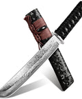 Japanese Tanto Knife With Damascus Steel Fixed Blade For Bushcraft And Survival, Rugged Outdoor Hunting Knife With Wooden Sheath, EDC Ready