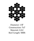 Heavy Duty 1/16 Inch Galvanized Aircraft Wire Rope Cable 7x7 Steel Construction 500 Foot Reel diagram showing 7x7 layout.