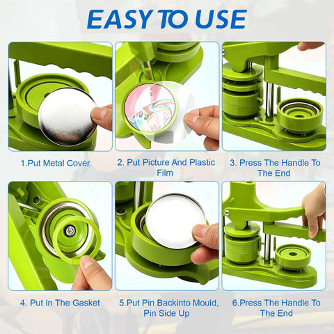 Instructional image of Bulk 400 Piece Button Making Kit No Brainer With Fifty Eight Millimeter Button Parts showing step-by-step process.