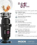 Lite Series Pro Compact Continuous Feed Garbage Disposal For Kitchen Sink With Power Cord 1900 RPM Vortex Motor Easy Swap For Most Existing Units High Performance Grinding Durable Construction Model GXP33C illustrated features