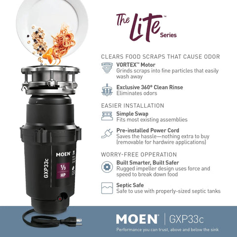 Lite Series Pro Compact Continuous Feed Garbage Disposal For Kitchen Sink With Power Cord 1900 RPM Vortex Motor Easy Swap For Most Existing Units High Performance Grinding Durable Construction Model GXP33C illustrated features