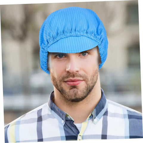 Man wearing a Five Pack Blue Anti Static Cleanroom Working Hat Built With Breathable Mesh And Heavy Duty Polyester.