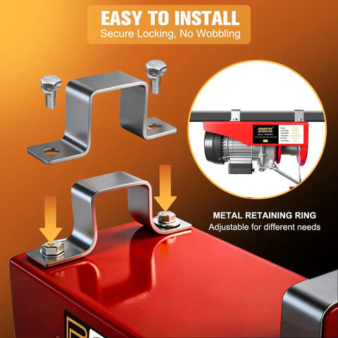 Beefy Electric Hoist 440 Lbs With Wired Remote And Emergency Stop bolt installation on motor housing showing easy setup