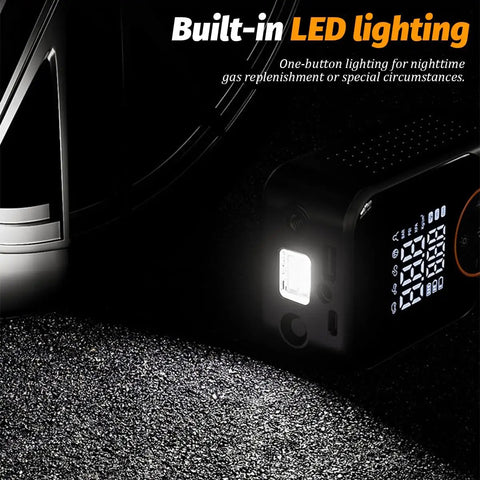 Skip The Stress Over Low Tire Pressure With This Cordless Car Tire Inflator Packin Dual Digital Screens And Automatic Shutoff Compact Wireless Air Compressor showing built-in LED light for nighttime use.