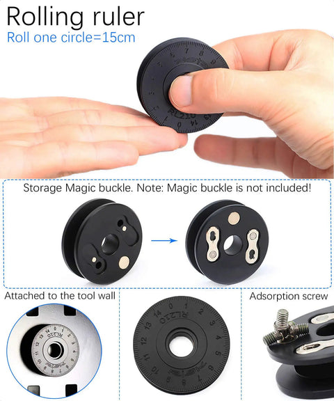 Hands holding rolling ruler from 5 In 1 Dummy Hub Bicycle Tool Kit: Chain Keeper, Frame Protector, Oiling Chain, Quick Ruler, Brake Pad Spacer
