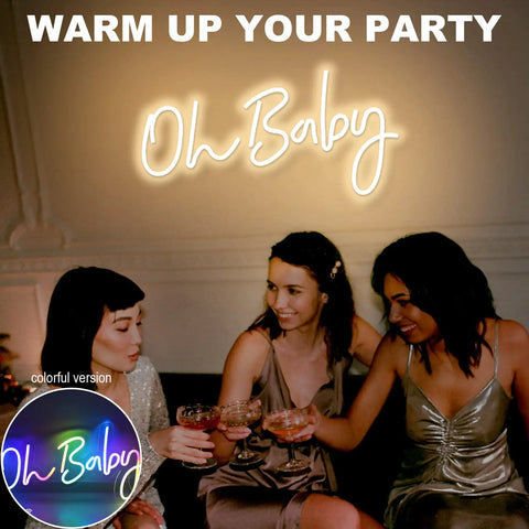Oh Baby Neon Sign Dimmable LED Neon Light for baby shower backdrop, warm glow, with adapter, used at a party scene.