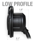 Road Warrior AC Power Inlet Socket With Integrated Extension Cord No Sweat Weather Tough side view showing low profile dimensions 1.8" x 2.1".